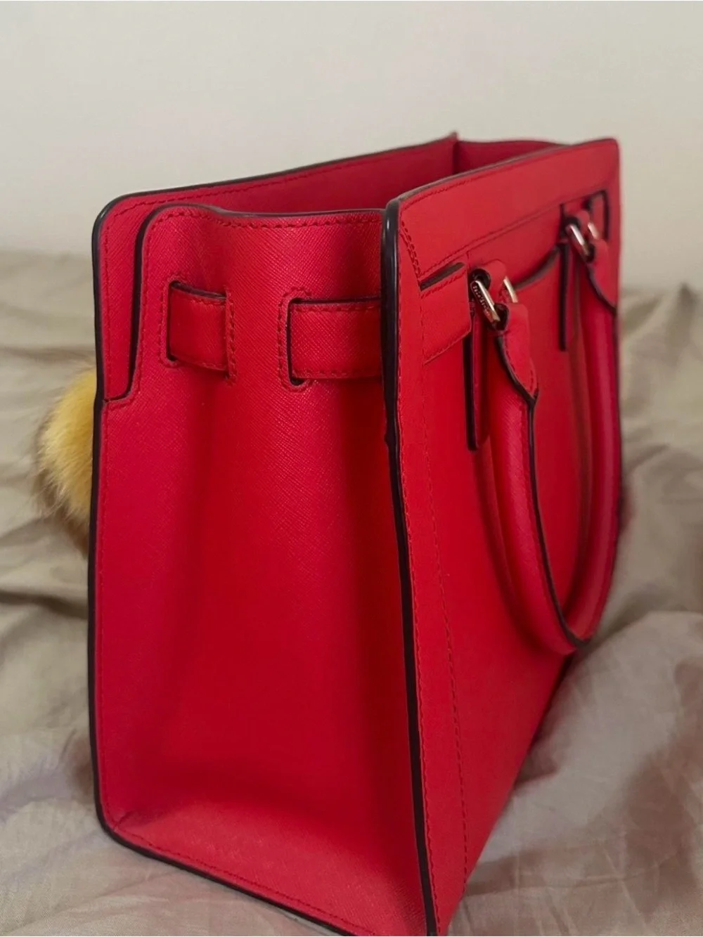 MICHAEL KORS Bright Red Saffiano Satchel with Fur Pom